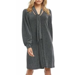 KAREN KANE Black Silver Embellished Long Sleeve Tie Neck Short Cocktail Dress S